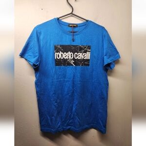Roberto Cavalli Mens Marble Logo Graphic Short Sleeve Tee Blue Medium New Defect